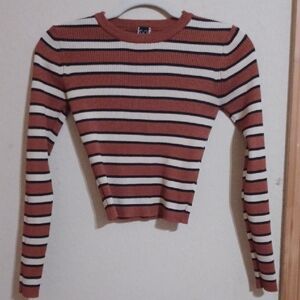 Windsor Rust, Cream & Black Striped Ribbed Long-Sleeve Crop Top